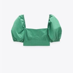 Zara Green Poplin Tie Back Puff Sleeve Crop Top